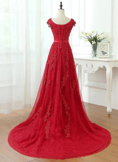 Luolandi Charming Red Lace A-line Long Prom Dress Beautiful Evening Gown with Appliques