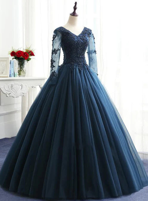 Luolandi Charming Long Sleeves Navy Blue Tulle Party Gown Navy Blue Prom Dress Ball Gown