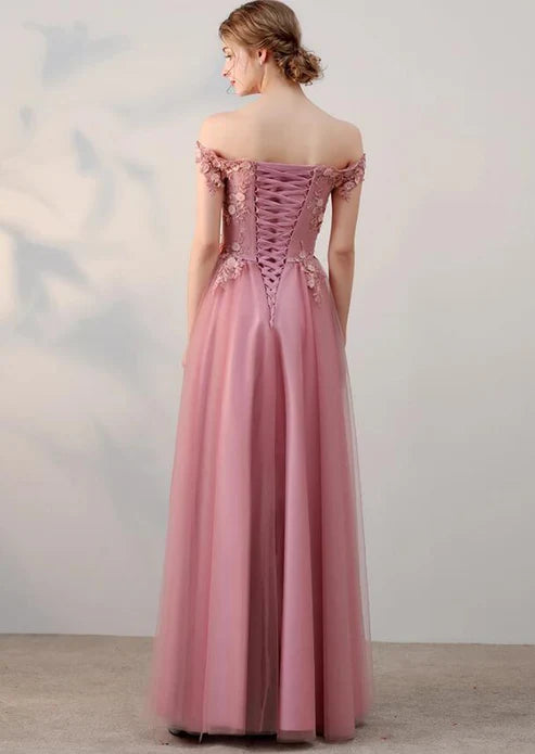 Luolandi Pink Off Shoulder Tulle Long Party Dress Bridesmaid Dress Prom Dress Elegant Evening Dress