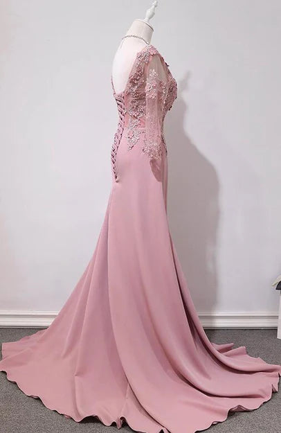 Luolandi Elegant Pink Long Sleeves Lace Applique Long Party Dress Prom Dress Evening Dress Mother of the Bride Dress