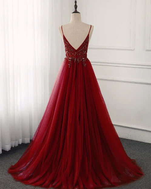 Luolandi Wine Red Long Tulle V-neckline Beaded Junior Prom Dress Dark Red Party Dress Evening Dress