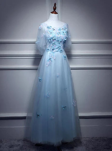 Luolandi Light Blue Flowers Long Party Dress A-line Tulle Party Dress Evening Dress Prom Dress With Butterfly
