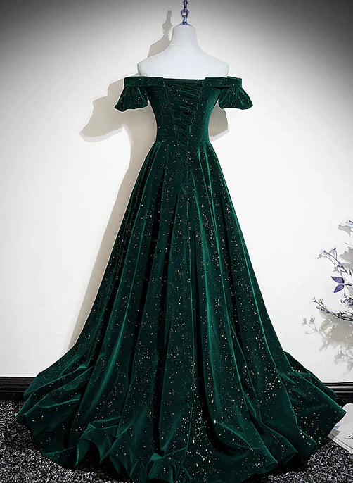 Luolandi Dark Green Velvet Off Shoulder Long Party Dress A-line Prom Dress Elegant Evening Dress