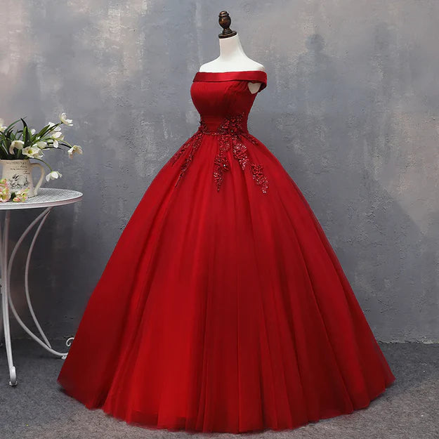 Luolandi Red Tulle Long Off the Shoulder Sweet 16 Dress Party Gown Prom Dress with Appliques