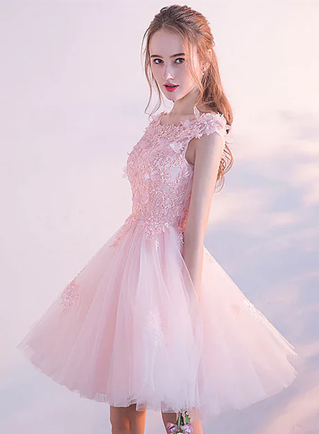 Luolandi Pink Tulle with Lace and Flowers Short Prom Dresses Homecoming Dress Beautiful