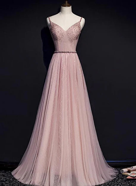 Luolandi Pink V-neckline Beaded Tulle Prom Dress Party Gown Elegant Evening Dress Formal Dress