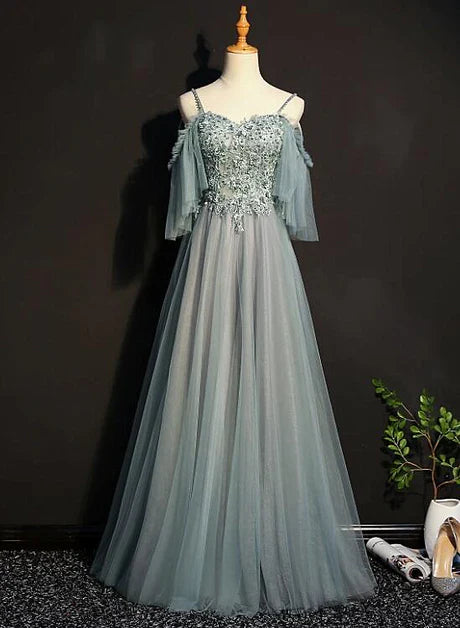 Luolandi Light Green Tulle A-line Off Shoulder Party Dress Long Prom Dress Floor Length