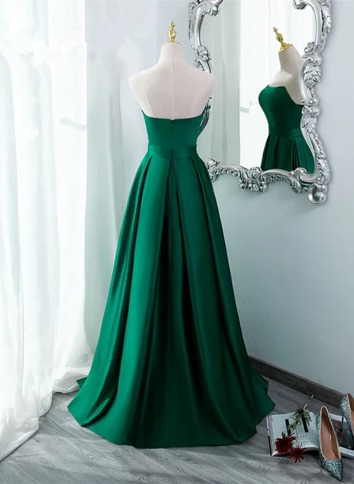 Luolandi Green Satin Simple Long Party Dress with Leg Slit A-Line Junior Prom Dress Evening Dress