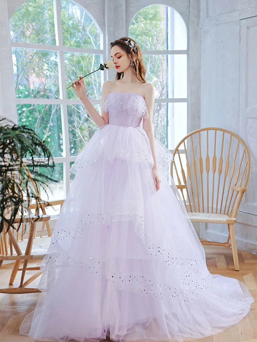 Luolandi Light Purple Tulle Floor Length Party Dress A-line Layers Sweet 16 Dress Off Shoulder Prom Dress