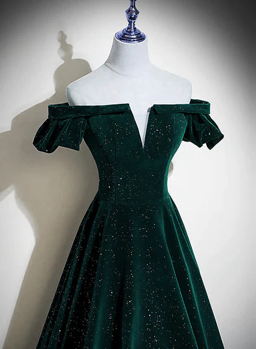 Luolandi Dark Green Velvet Off Shoulder Long Party Dress A-line Prom Dress Elegant Evening Dress