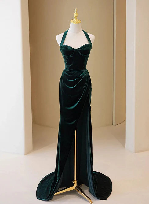 Luolandi Dark Green Velvet Long Evening Dress Party Dress A-line Bridesmaid Dress Solid Color