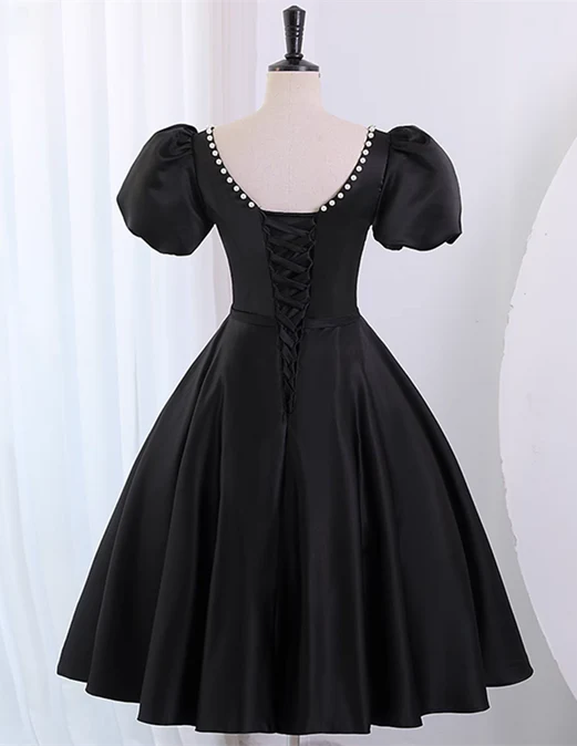 Luolandi Black Satin Short Sleeves Knee Length Party Dress Homecoming Dress Cocktail Dress Formal Dress
