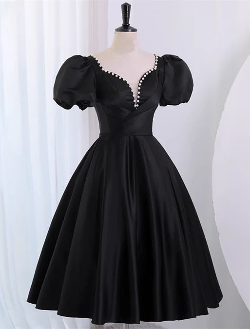 Luolandi Black Satin Short Sleeves Knee Length Party Dress Homecoming Dress Cocktail Dress Formal Dress