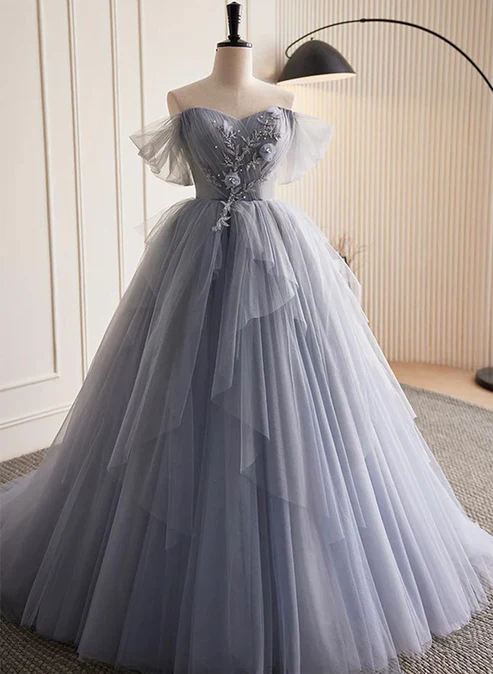 Luolandi Glam Blue-Grey Tulle with Lace Applique Long Party Dress Formal Dress Evening Gown A Line Off Shoulder