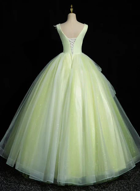 Luolandi Light Green V-neckline Tulle Long Party Dress Sweet 16 Dress Sleeveless Prom Dress Ball Gown