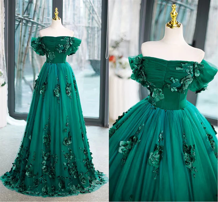 Luolandi Beautiful Green Off Shoulder Party Dress with Flowers Sweet 16 Dress A Line Prom Dress