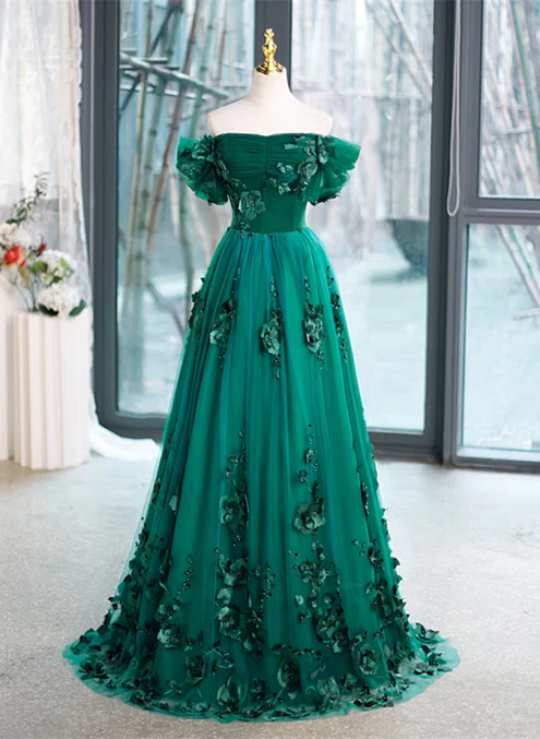 Luolandi Beautiful Green Off Shoulder Party Dress with Flowers Sweet 16 Dress A Line Prom Dress