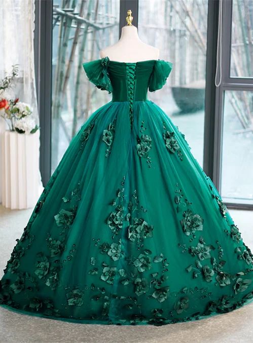Luolandi Beautiful Green Off Shoulder Party Dress with Flowers Sweet 16 Dress A Line Prom Dress