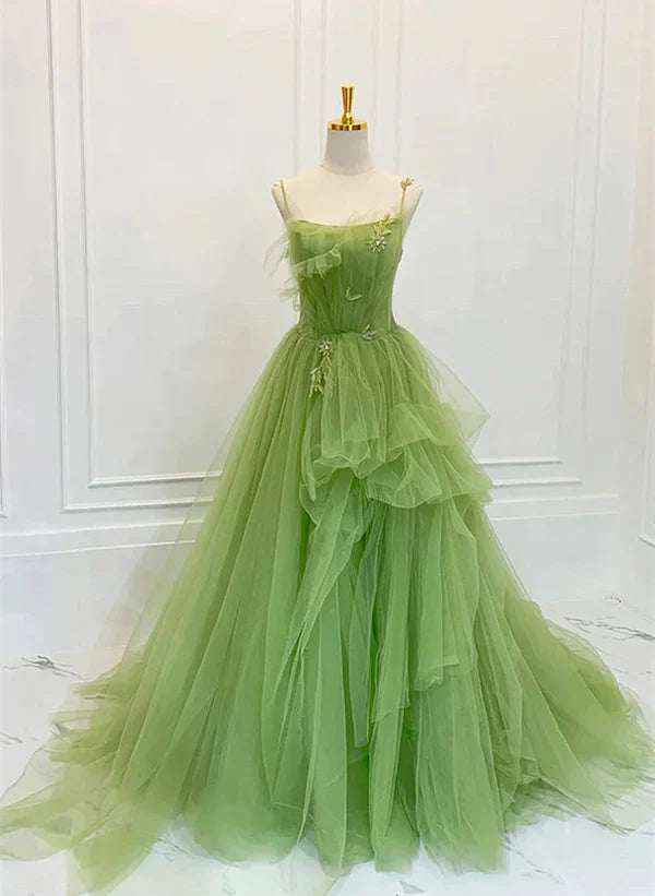 Luolandi Green Tulle Straps Long Party Dress Tulle Lace Prom Dress Floor Length Beautiful