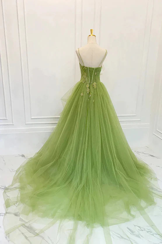 Luolandi Green Tulle Straps Long Party Dress Tulle Lace Prom Dress Floor Length Beautiful