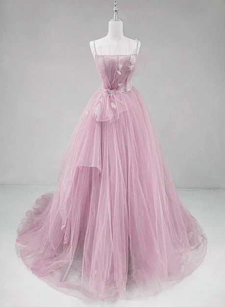 Luolandi Pink Straps Tulle Chic Long Party Dress Formal Dress A-line Prom Dress Floor Length