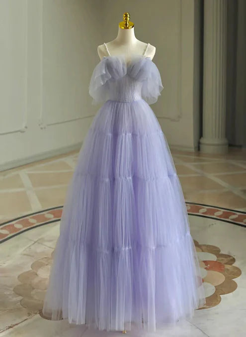 Luolandi A-line Tulle Scoop Off Shoulder Party Dress Lavender Tulle Prom Dress Formal Dress december wedding guest dress
