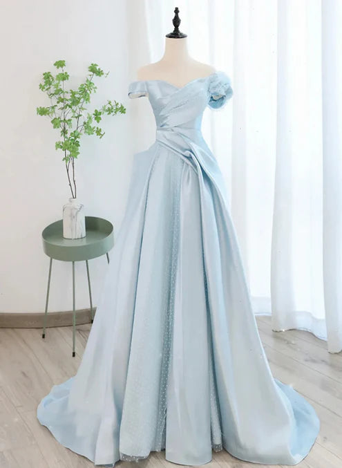Luolandi Light Blue Satin A-line Long Party Dress with Tulle Evening Dress Prom Dress Formal Dress december wedding guest dress