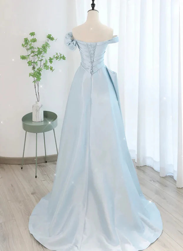 Luolandi Light Blue Satin A-line Long Party Dress with Tulle Evening Dress Prom Dress Formal Dress december wedding guest dress