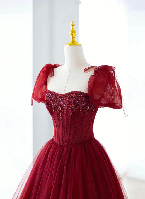Luolandi Wine Red Tulle Beaded Long Prom Dress A-Line Sweetheart Formal Evening Dress Elegant