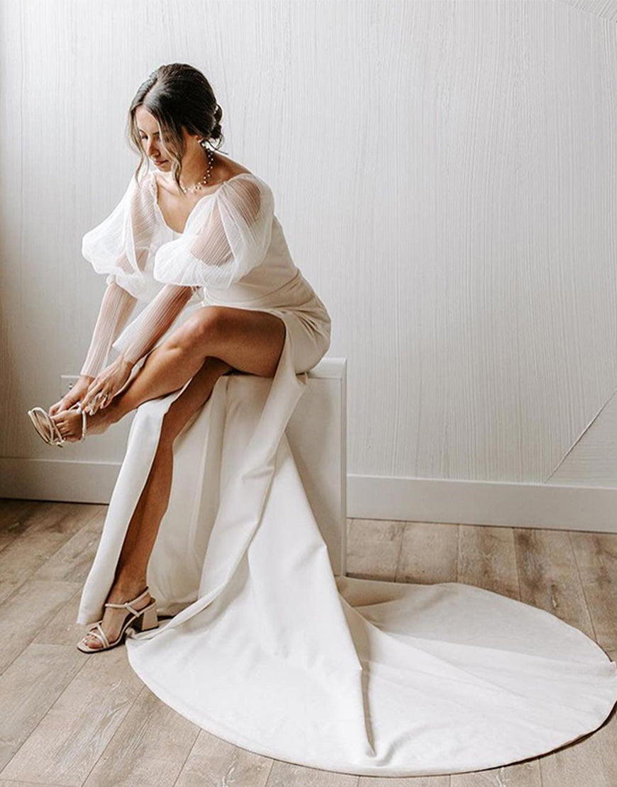 Luolandi Sheath Wedding Dress with Puff Sleeves Off Shoulder Floor Length Sexy