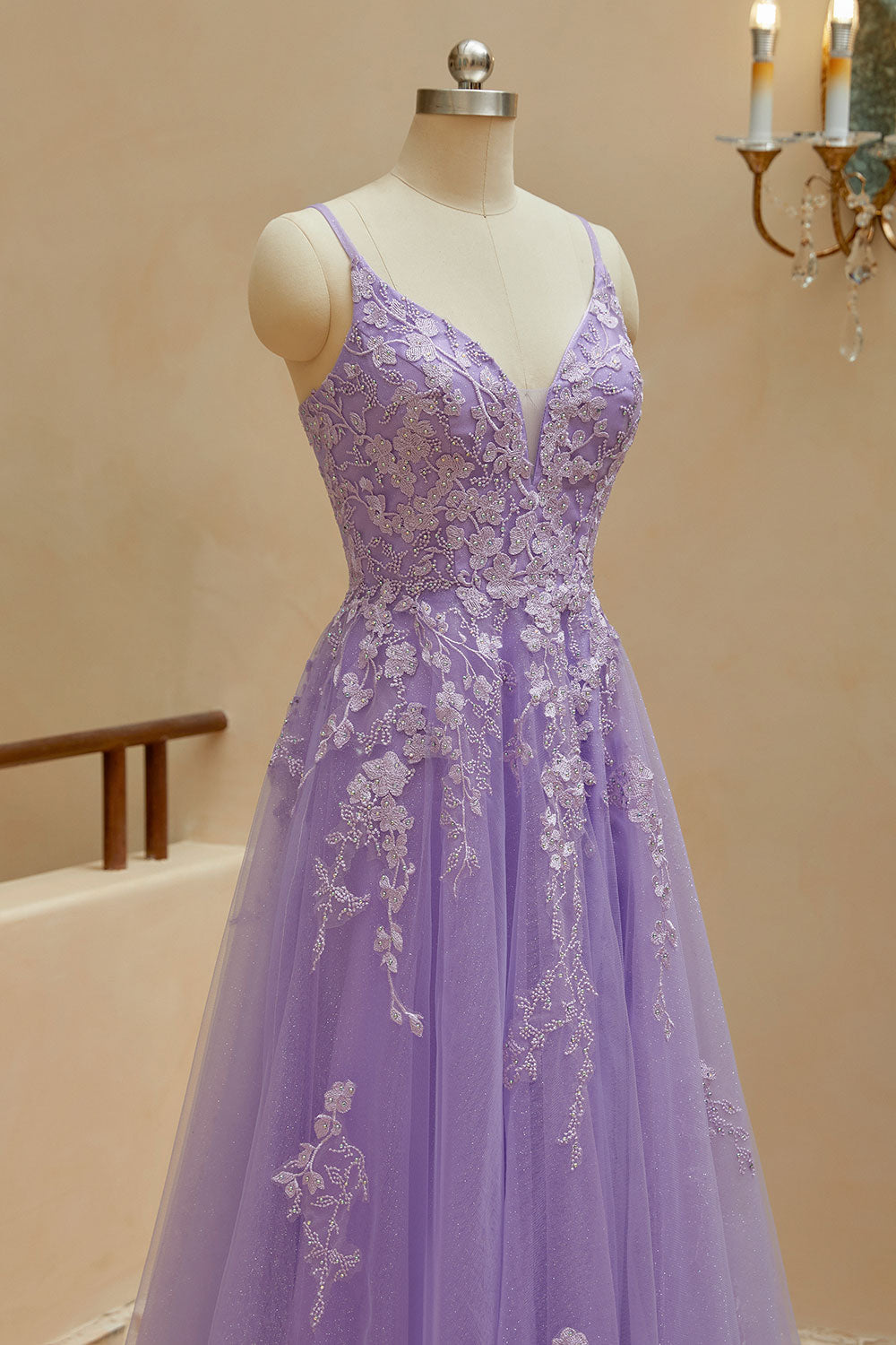 Luolandi Simple A Line Spaghetti Straps V Neck Tulle Slit Prom Dresses Wth Appliques Beautiful