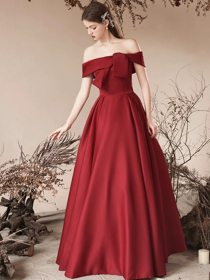 Luolandi Burgundy Satin Long Prom Dress Off the Shoulder Evening Party Dress Sexy