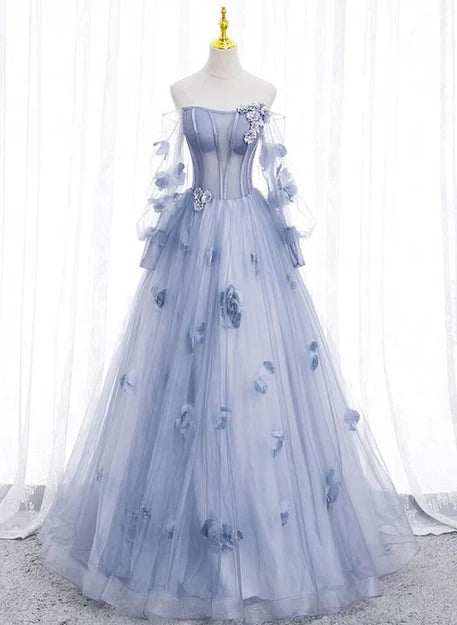 Luolandi Lovely Blue Tulle Long Sleeves Sweet 16 Dress Flowers Formal Dress Off Shoulder Prom Dress