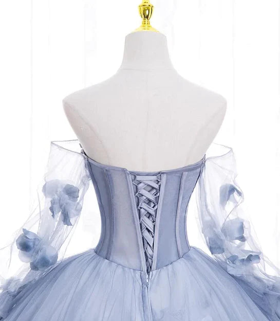 Luolandi Lovely Blue Tulle Long Sleeves Sweet 16 Dress Flowers Formal Dress Off Shoulder Prom Dress
