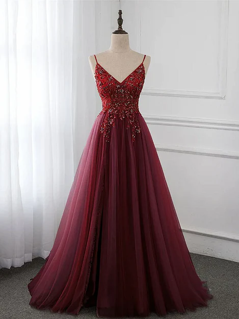 Luolandi Wine Red Long Tulle V-neckline Beaded Junior Prom Dress Dark Red Party Dress Evening Dress