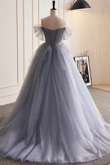 Luolandi Glam Blue-Grey Tulle with Lace Applique Long Party Dress Formal Dress Evening Gown A Line Off Shoulder