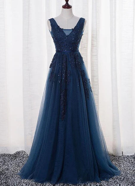 Luolandi Blue Long A-line Bridesmaid Dress Dark Blue Tulle Party Dress Prom Dress Elegant Evening Dress with Appliques