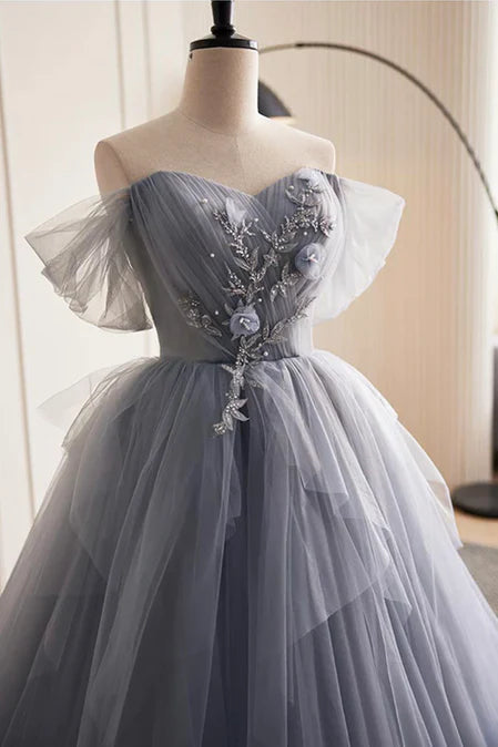 Luolandi Glam Blue-Grey Tulle with Lace Applique Long Party Dress Formal Dress Evening Gown A Line Off Shoulder