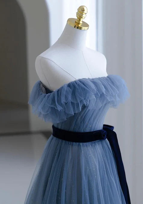 Luolandi Blue Tulle A-line Off Shoulder Long Party Dress Scoop Prom Dress Evening Dress december wedding guest dress
