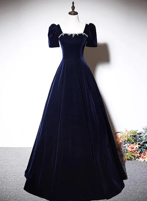 Luolandi Navy Blue A-line Velvet Long Evening Dress Short Sleeves Beaded Prom Dress Formal Dress