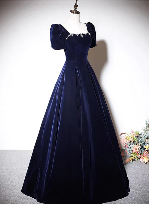Luolandi Navy Blue A-line Velvet Long Evening Dress Short Sleeves Beaded Prom Dress Formal Dress