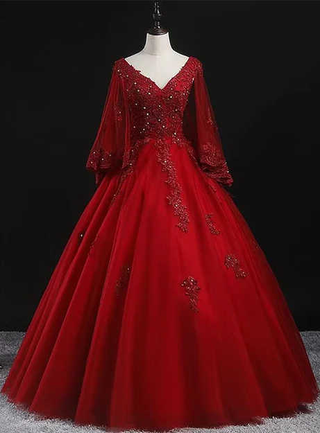 Luolandi Beautiful Tulle with Lace Applique Beaded Sweet 16 Dress V-neckline Long Formal Dress Prom Dress