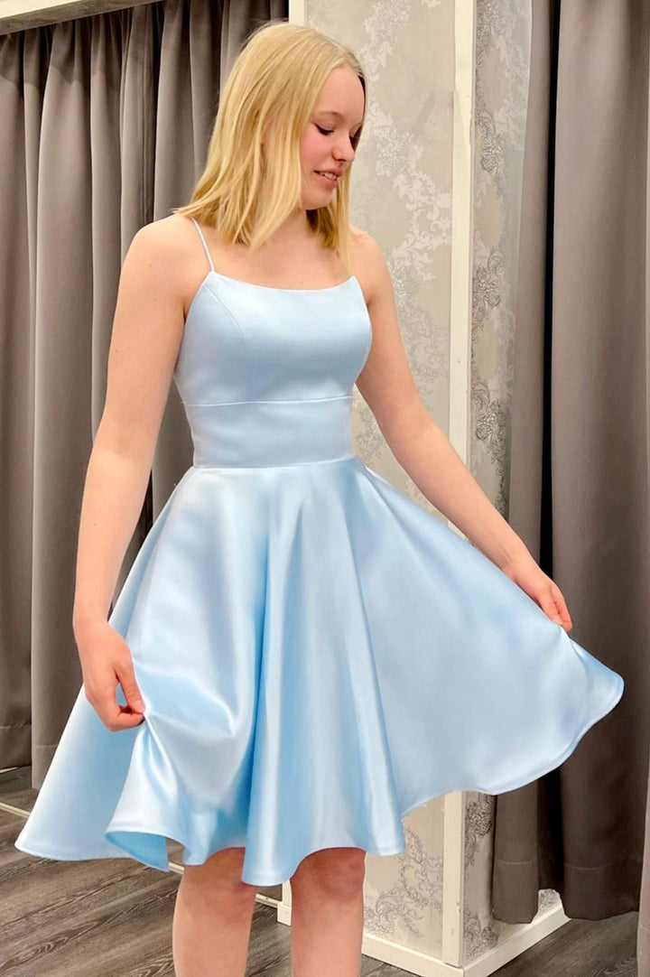 Luolandi Blue Satin Short A-Line Prom Dress Blue Graduation Dress Homecoming Dresses