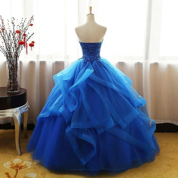 Luolandi Lovely Royal Blue Tulle Prom Dress Sweet 16 Dress Off Shoulder Floor Length Ball Gown