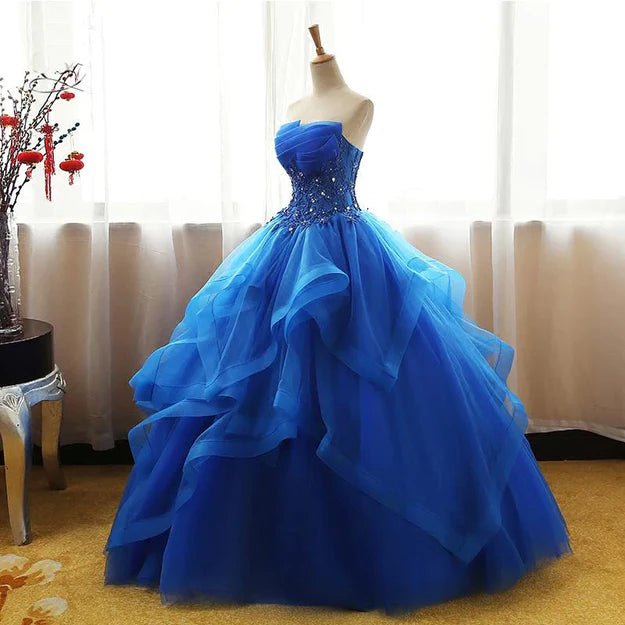Luolandi Lovely Royal Blue Tulle Prom Dress Sweet 16 Dress Off Shoulder Floor Length Ball Gown