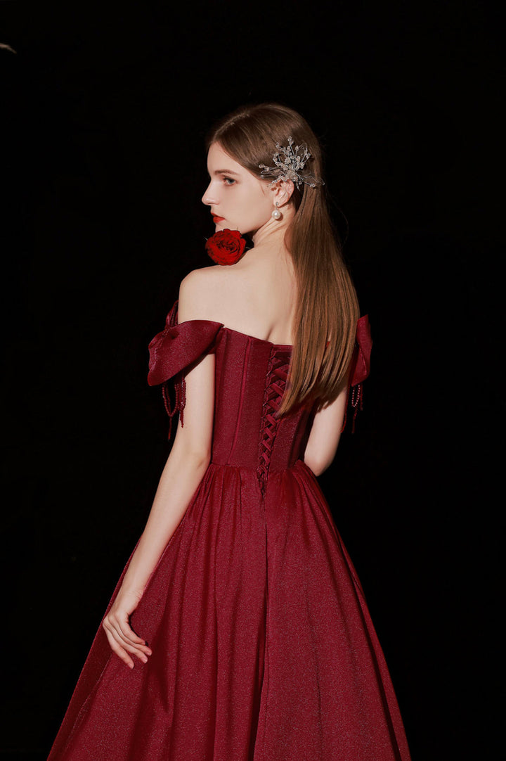 Luolandi Burgundy Satin Long Prom Dresses A-Line Off the Shoulder Formal Dresses Sexy