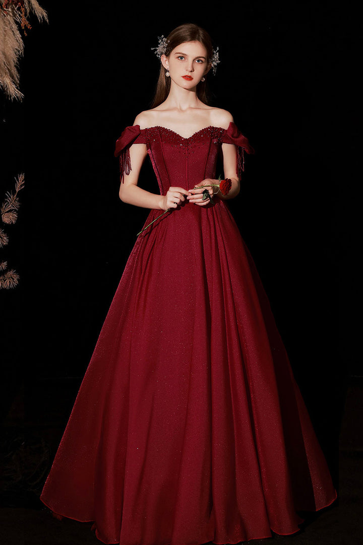 Luolandi Burgundy Satin Long Prom Dresses A-Line Off the Shoulder Formal Dresses Sexy