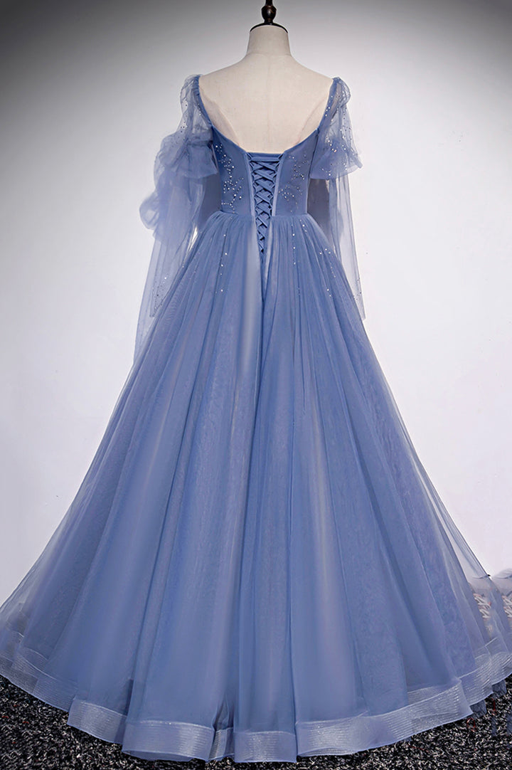 Luolandi Blue Tulle Beading Long Prom Dresses A-Line Formal Evening Dresses Sexy
