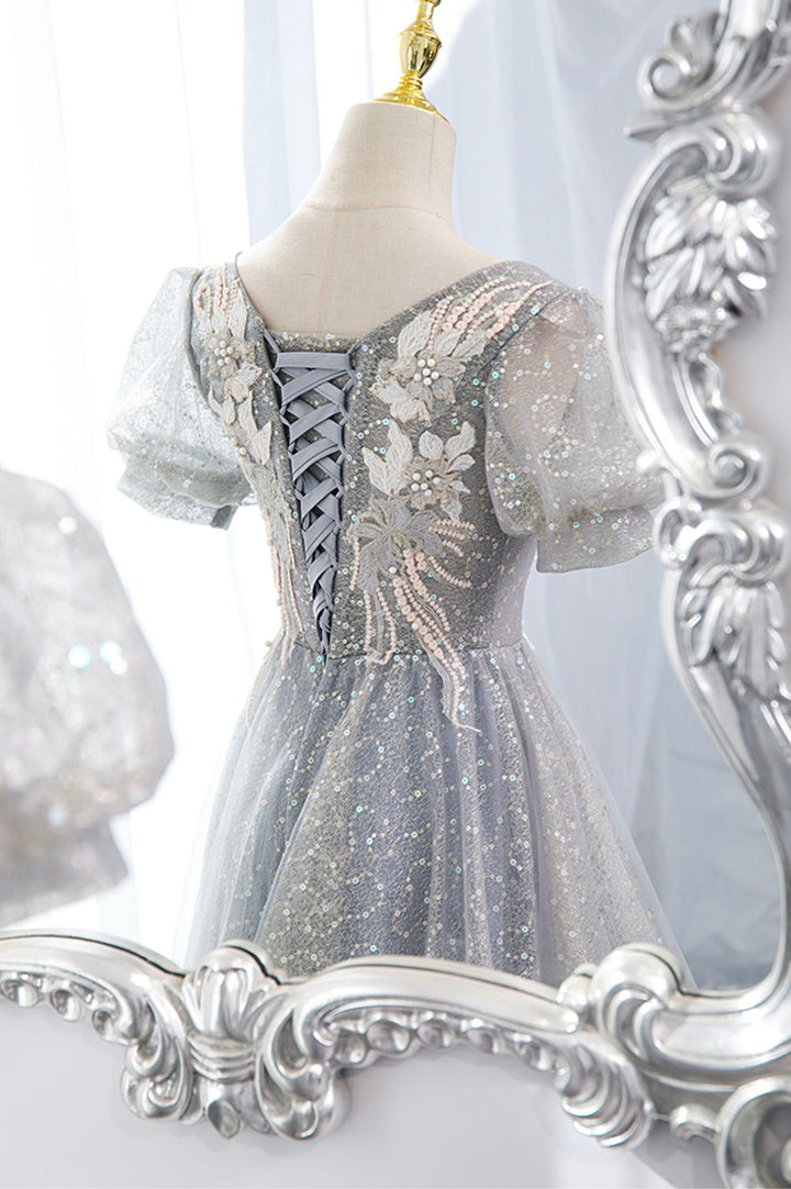 Luolandi Gray Tulle Lace Long Party Dress A-Line Evening Dress Sparkly Beautiful