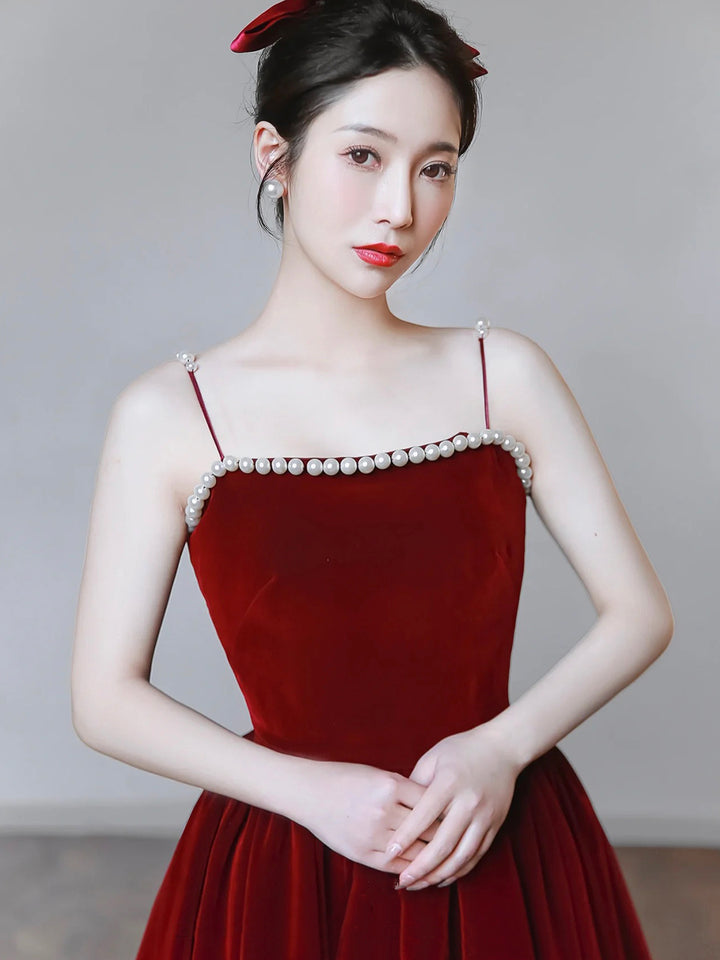Luolandi Burgundy Spaghetti Strap Velvet Tea Length Prom Dress with Pearls Party Dress